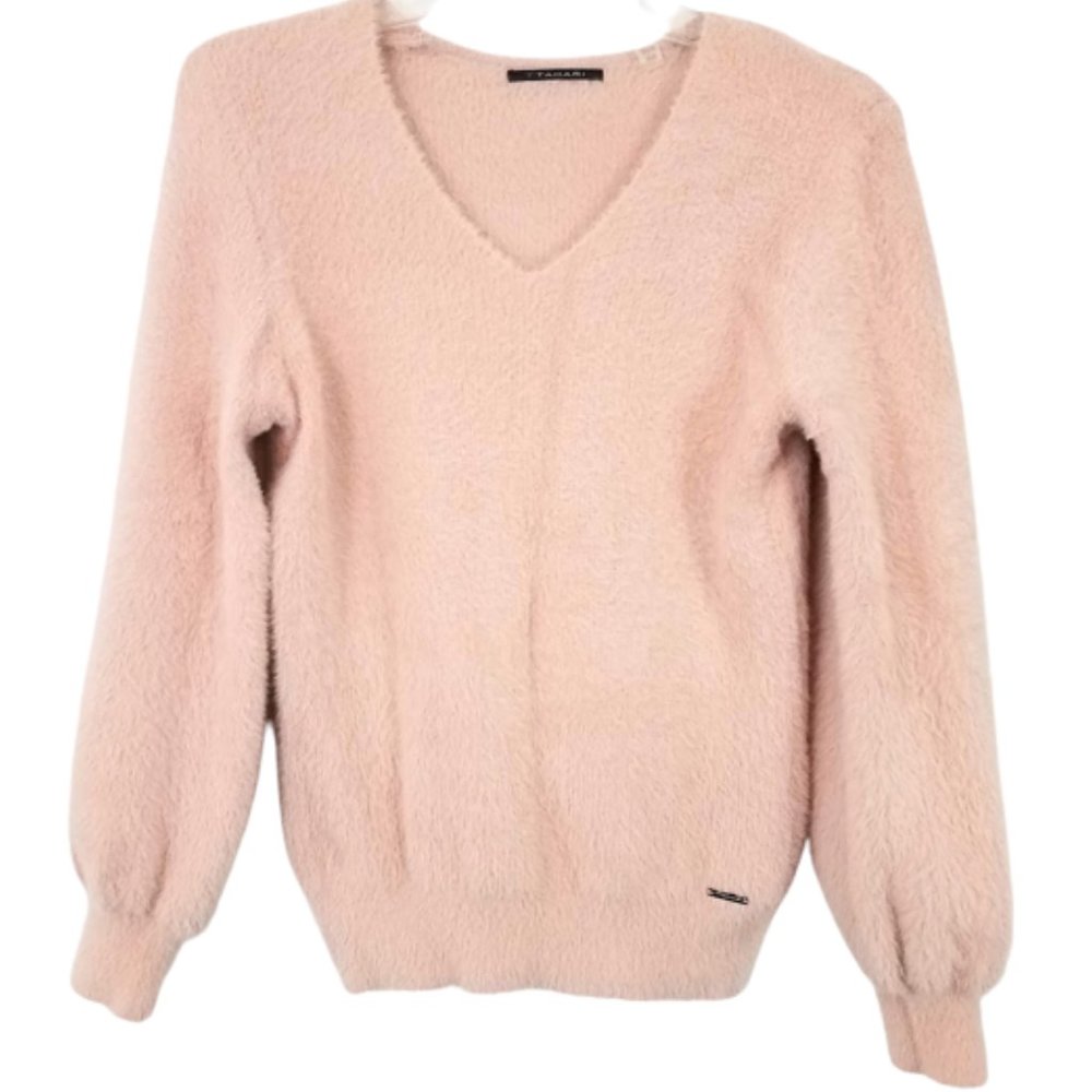 T TAHARI Fuzzy Nylon Blush V-Neck  Sweater - Women's Size M